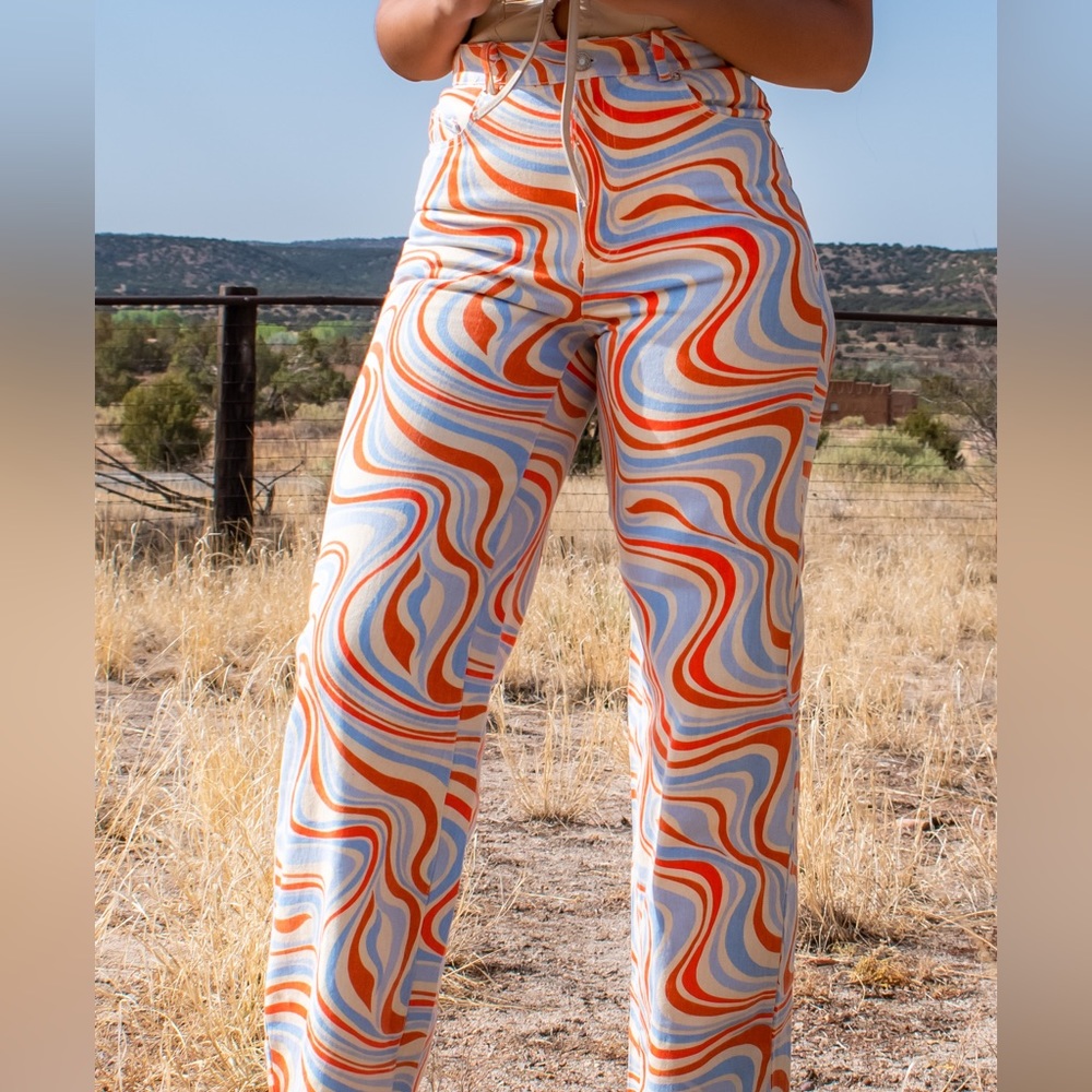 Marble Print Denim Straight Leg Pants